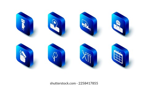 Set Location for camping, Rv Camping trailer, Barbecue grill, Calendar, Match stick, Marshmallow, Lighter and Flashlight icon. Vector