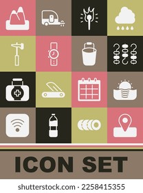 Set Location for camping, Sunrise, Grilled shish kebab skewer, Torch flame, Wrist watch, Hammer, Mountains and Bucket icon. Vector