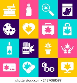 Set Lage und Cannabis, Marihuana oder Blatt, Einkaufspapiertasche aus Marihuana, Lupe, Herz, Kekse mit, Handschleifer und Box-Symbol. Vektor