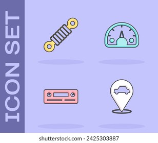Set Ubicación con servicio de coche, Amortiguador, Audio del coche y el icono del velocímetro. Vector