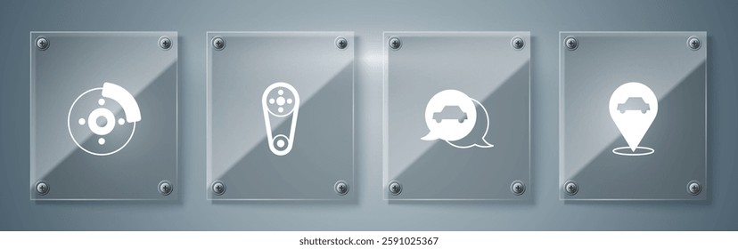 Set Location with car service, Car, Timing belt kit and brake disk caliper. Square glass panels. Vector