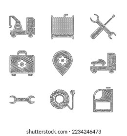 Set Location with car service, Tire pressure gauge, Canister for motor machine oil, Car transporter truck, Wrench spanner, Toolbox, Screwdriver and wrench and Tow icon. Vector