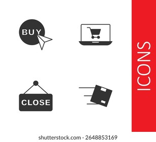 Set Location with cardboard box, Buy button, Hanging sign text Closed and Shopping cart screen laptop icon. Vector