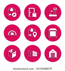 Set Location with cardboard box, Container, Warehouse, Carton, Scale and  icon. Vector