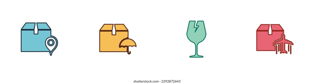 Establecer ubicación con caja de cartón, paraguas de paquete de entrega, vidrio roto frágil y Plano e icono. Vector