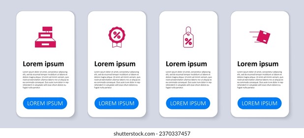 Legen Sie Platz mit Kartonschachtel, Rabatt-Prozent-Tag und Cash-Register-Maschine fest. Infografik-Vorlage für Unternehmen. Vektorgrafik