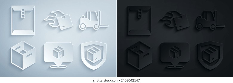 Set Location with cardboard box, Forklift truck, Carton, Delivery security shield,  and Envelope icon. Vector