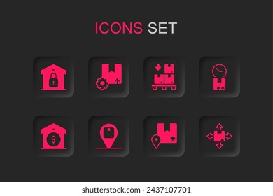 Set Location with cardboard box, Gear package, Closed warehouse, Cardboard clock, Carton, boxes pallet and Warehouse price icon. Vector