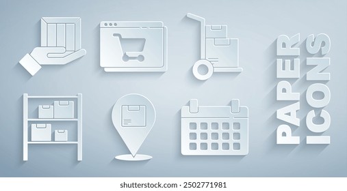 Set Location with cardboard box, Hand truck and boxes, Warehouse, Calendar, Online shopping screen and Delivery hand icon. Vector
