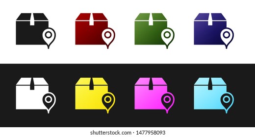 Set Location with cardboard box icon isolated on black and white background. Delivery services, logistic and transportation, relocation, distribution.  Vector Illustration