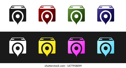Set Location with cardboard box icon isolated on black and white background. Delivery services, logistic and transportation, relocation, distribution.  Vector Illustration