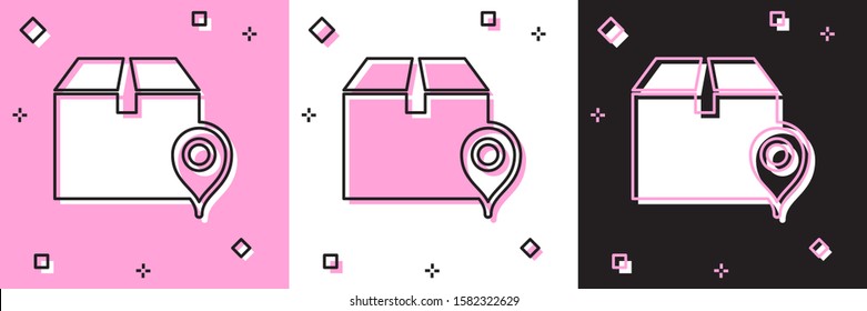 Set Location with cardboard box icon isolated on pink and white, black background. Delivery services, logistic and transportation, relocation, distribution.  Vector Illustration