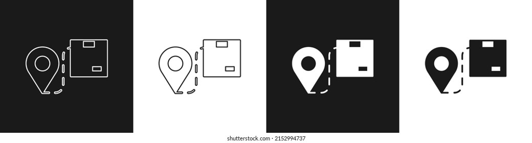 Set Location with cardboard box icon isolated on black and white background. Delivery services, logistic and transportation, distribution.  Vector