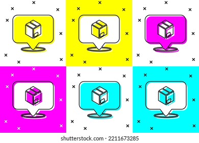 Establecer ubicación con el icono de la caja de cartón aislado en el fondo del color. Servicios de entrega, logística y transporte, distribución.  Vector