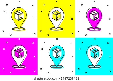 Set Location with cardboard box icon isolated on color background. Delivery services, logistic and transportation, distribution.  Vector