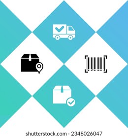 Establecer ubicación con la casilla de cartón, marca de verificación Paquete, camión de entrega e icono de código de barras. Vector