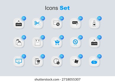 Locación con la caja de cartón, bolso de compras de papel, tijeras corta el Cupón del descuento, monitor del Carrito de compras, etiqueta del porcentaje del descuento, texto colgante de la muestra cerrado, abierto y añada el icono. Vector