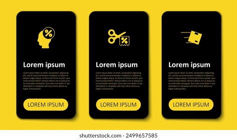 Set Location with cardboard box, Scissors cuts discount coupon and Discount percent tag. Business infographic template. Vector