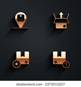 Set Location with cardboard box, Unboxing, Gear package and Carton icon with long shadow. Vector