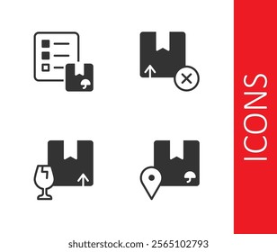 Set Location with cardboard box, Verification of delivery list, Package fragile content and Carton icon. Vector