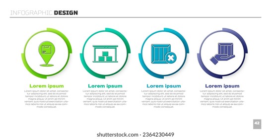 Set Location with cardboard box, Warehouse, Wooden box and delete and Delivery hand with boxes. Business infographic template. Vector