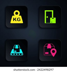 Set Location with cardboard box, Weight, Conveyor belt and Home delivery services. Black square button. Vector