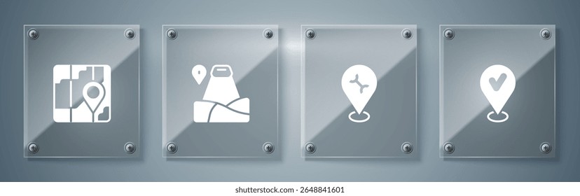 Set Location with check mark, Car service, mountain and City map navigation. Square glass panels. Vector