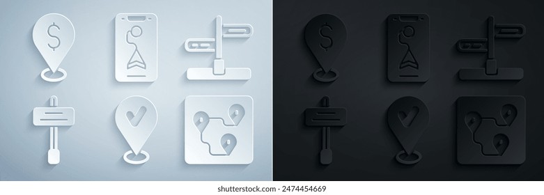 Establecer la Locación con marca de verificación, señal de tráfico, ubicación de la ruta, navegación del mapa de la ciudad y el icono de efectivo. Vector