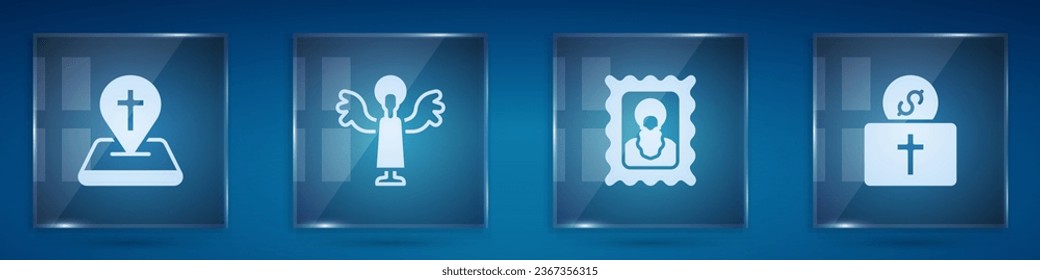 Set Location church building, Angel, Christian icon and Donation for. Square glass panels. Vector