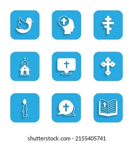 Set Location church building, Christian cross, Holy bible book, Burning candle, Church,  and Dove icon. Vector