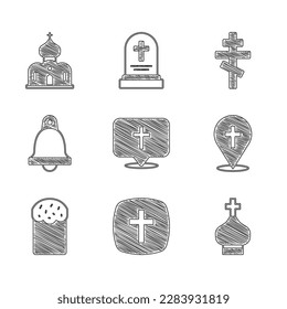 Set Location church building, Christian cross, tower, Easter cake, Church bell,  and  icon. Vector