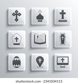 Set Location church building, Christian cross monitor, Coffin, Holy bible book, Easter egg, Pope hat,  and Grave with icon. Vector