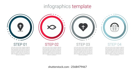 Set Location church building, Christian fish symbol, cross heart and Basket with easter eggs. Business infographic template. Vector