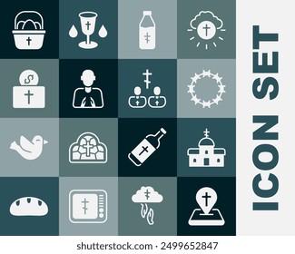 Set Location church building, Church, Crown of thorns, Holy water bottle, Hands praying position, Donation for, Basket with easter eggs and Priest icon. Vector