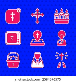 Set Location church building, Monk, Hands praying position, Jesus Christ, Basket with easter eggs, Online pastor preaching, Burning candle candlestick and  icon. Vector