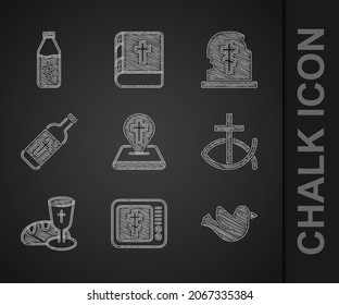 Set Location church building, Online pastor preaching, Dove, Christian fish, Goblet and bread, Holy water bottle, Grave with tombstone and  icon. Vector