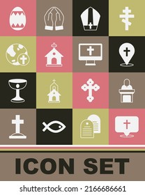 Set Location church building, Church pastor preaching, Pope hat, Christian cross with globe, Easter egg and monitor icon. Vector