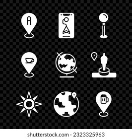 Set Location, City map navigation, Push pin, Wind rose, the globe, Alcohol or beer bar location, with coffee cup and Earth icon. Vector