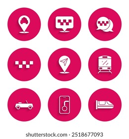 Definir Localização, Navegação de mapas da cidade, Trem de alta velocidade, Trem, Carro, Táxi carro telhado, chamada de serviço de telefone e com ícone de táxi. Vetor