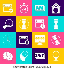 Set Location with clock, Old hourglass, Clock AM, Calendar check mark and and icon. Vector