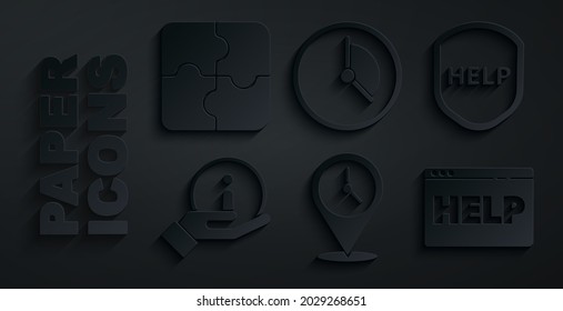 Set Location with clock, Shield text Help, Information, Browser help, Time Management and Piece of puzzle icon. Vector