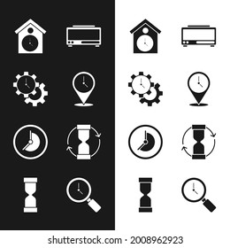 Set Location with clock, Time Management, Retro wall watch, Digital alarm, Clock, Old hourglass, Magnifying and  icon. Vector