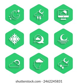 Set Location cloud, Man having headache, Cloud with rain and moon, Sunset, weather, Snowflake, Weather forecast and Moon stars icon. Vector