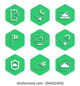 Set Location cloud, Rainbow with clouds, Weather forecast, Cloud snow and sun, Cone windsock wind vane,  and  icon. Vector