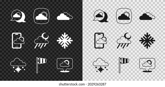 Set Location Cloud, Weather Forecast, Cloud, With Snow, Cone Windsock Wind Vane,  And Rain And Moon Icon. Vector