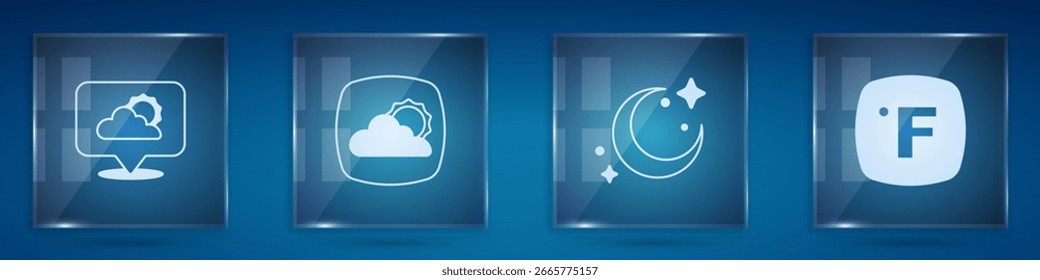 Establece nubes de Locación, pronóstico de Clima, luna y estrellas y Fahrenheit. Paneles de vidrio cuadrados. Vector