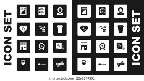 Set Location with coffee cup, Coffee bean, branch, Lovers, paper filter, to go, menu, street truck machine and shop icon. Vector