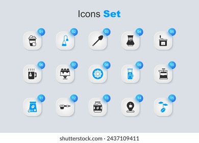 Set Location with coffee cup, Cake, Tea bag, Bag beans, Coffee, French press, Iced and Donut icon. Vector
