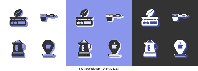 Set Location with coffee cup, Electronic scales, Electric kettle and Coffee filter holder icon. Vector