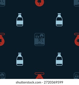 Establecer la Locación con la taza de café, la máquina de café y la botella de leche en el patrón sin fisuras. Vector